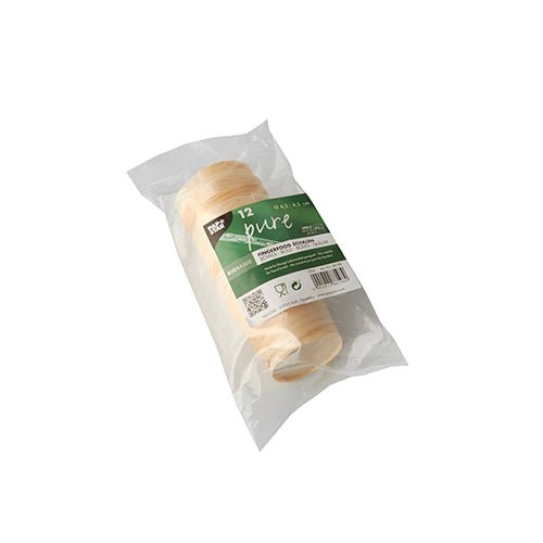 Una confezione trasparente in plastica con 12 PAPSTAR ciotole per finger food in legno "pure", rotonde, Ø 4,5 cm di PAPSTAR GmbH, con un'etichetta verde e bianca (testo, codici a barre, codice QR), raffigurata su uno sfondo bianco semplice.