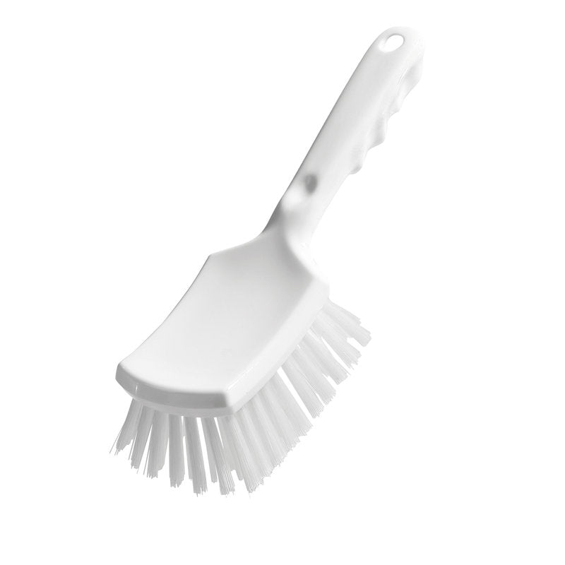 Die Haug Stielbürste mit kurzem Griff (260 x 72 x 55 mm) von Haug Bürsten KG ist eine weiße Reinigungsbürste mit festen Borsten und einem gebogenen Griff mit Aufhängeloch, ideal für den professionellen Einsatz und abgebildet auf einem schlichten weißen Hintergrund.