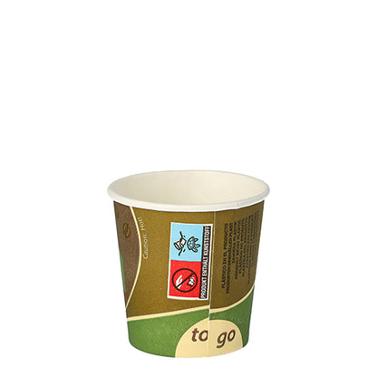 Der Starpak Trinkbecher Pappe „To Go“ (0,1 l, Ø 6,3 cm, 6 cm) besticht durch sein grün-braunes Design und die Aufschrift „To Go“. Lieferung leer in 80er-Packungen in Schrumpffolie; nicht mikrowellengeeignet. Isoliert auf weißem Hintergrund abgebildet.