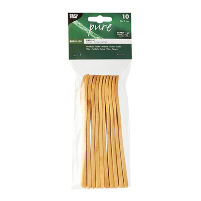 10 Stück PAPSTAR Gabeln aus Bambus "pure", 16,5 cm, mit grün-weißem Etikett von der PAPSTAR GmbH - ein ideales umweltfreundliches Besteck für jede umweltbewusste Veranstaltung.