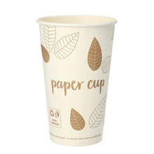Der PAPSTAR 50 Trinkbecher, Pappe „pure“ „ZERO“ der PAPSTAR GmbH ist ein weißer Pappbecher mit braunem Blattmotiv, „Paper Cup“-Schriftzug und Recyclingsymbolen, hergestellt aus biologisch abbaubaren, nachhaltigen Materialien.