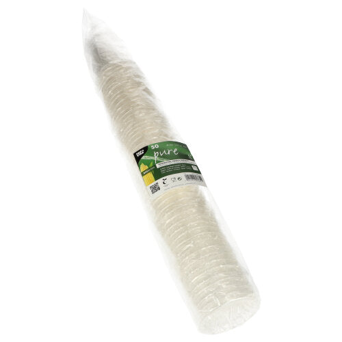 50 Stück transparente PAPSTAR PLA „pure“ Kaltgetränkebecher (0,2 l, Ø 7,03 cm, 9,7 cm), einzeln verpackt, mit grün-weißem Etikett und Produktinfo, biologisch abbaubar und von der PAPSTAR GmbH.