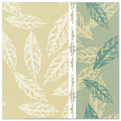 Eine stilvolle quadratische Serviette der PAPSTAR GmbH mit sich überlappenden Blattsilhouetten in Beige und Teal, unterteilt durch einen weißen Streifen. Teil der "ROYAL Collection", 40x40 cm, 1/4-Falz, grün-ideal für festliche Anlässe. Enthält 50 Servietten.