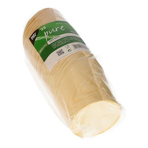 PAPSTAR 25 Holz-Snackbecher „pure“, Ø 8,2×8,5 cm, einzeln in Folie verpackt mit grün-weißem Etikett – ideal für nachhaltige Events.