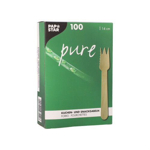 Una scatola verde PAPSTAR "pure" contiene 100 forchette in legno per torte e snack (14 cm, seghettate) in un vassoio di cartone. La parte anteriore mostra un'immagine di una forchetta e un testo in tedesco, francese e inglese che le evidenzia come forchette ideali per torte e snack.