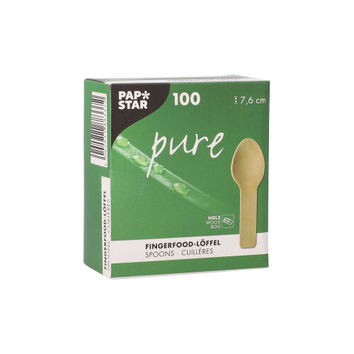 Une boîte verte de PAPSTAR GmbH avec l'inscription "cuillère en bois pure" contient 100 cuillères à finger food en bois (7,6 cm), est ornée d'une image de cuillère et d'un texte multilingue, et met en avant cette solution écologique pour finger food.