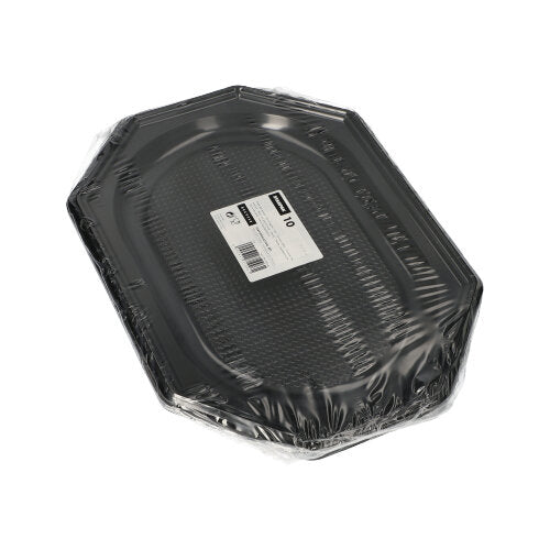 Starpak 10 Servierplatten aus schwarzem PET, vom Markenhersteller Starpak, sind in klarer Folie verpackt und tragen ein weißes Etikett mit Barcode – perfekt für Catering-Events.