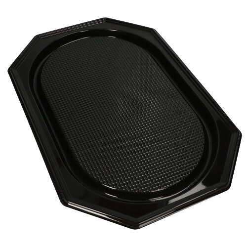 Die Starpak 10 Servierplatten von Starpak sind schwarze, achteckige PET-Schalen mit glänzender Oberfläche, strukturierter ovaler Mitte und glatten, erhöhten Kanten – perfekt für die stilvolle Präsentation von Speisen bei Catering-Events.