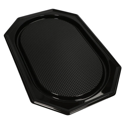 Die Starpak 10 Servierplatten von Starpak sind schwarze, achteckige PET-Schalen mit glänzender Oberfläche, strukturierter ovaler Mitte und glatten, erhöhten Kanten – perfekt für die stilvolle Präsentation von Speisen bei Catering-Events.