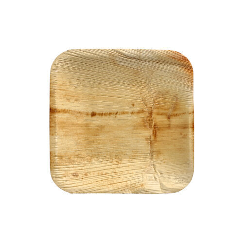 Der PAPSTAR 25 Teller Palmblatt „pure“ der PAPSTAR GmbH ist ein quadratischer, flacher Teller aus natürlichem Palmblatt mit einzigartiger Holzmaserung und Farbvariationen auf weißem Hintergrund – ideal für umweltbewusstes Essen.