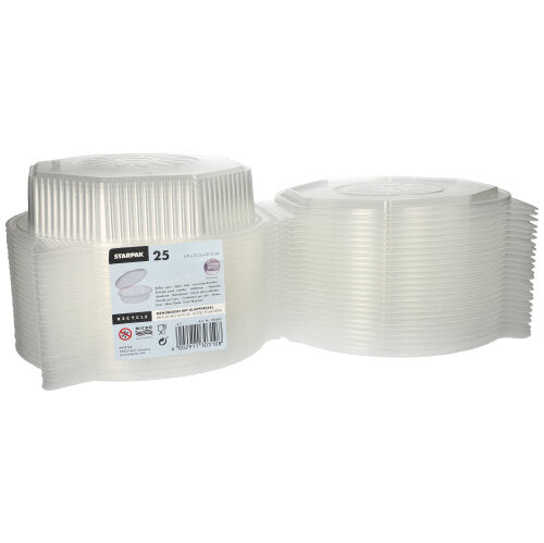 Zwei Stapel Starpak 25 Menüboxen mit Klappdeckeln, PP transparent und 8-eckig (5,9 x 21,5 x 21,5 cm) sind nebeneinander abgebildet. Ideal zur Lebensmittelaufbewahrung oder zum Servieren von Mahlzeiten auf jeder Veranstaltung.