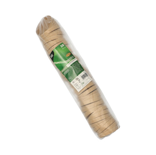 Eine kunststoffverpackte Packung mit 50 runden, braunen Papierdeckeln (Ø 6 cm) der PAPSTAR GmbH, umweltfreundlich und recycelbar, mit einem grün-weißen Etikett auf weißem Hintergrund.