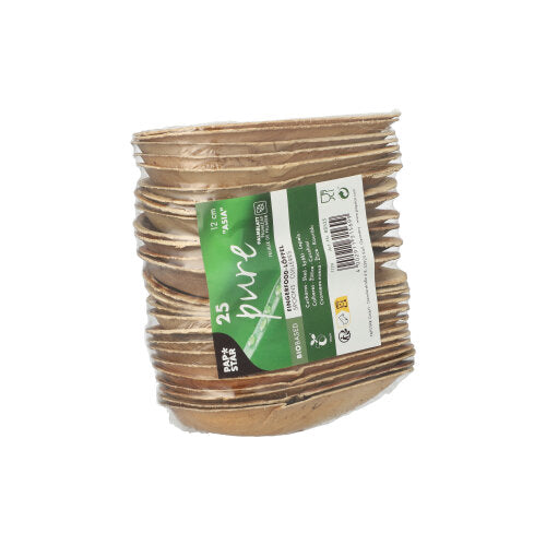 Ein Stapel von 25 PAPSTAR Palmblatt „pure“ Fingerfood-Löffeln 12 cm ist in Schrumpffolie eingewickelt, mit Produktdetails und Recycling-Symbolen auf weißem Hintergrund. Marke: PAPSTAR GmbH.