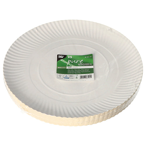 PAPSTAR GmbH 25 plates, cardboard "pure" round white: White disposable cardboard plates made from sustainable cardboard, each pack contains 25 environmentally friendly plates with a fluted edge and green-white label, packed in transparent foil.