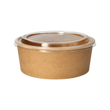 Die 50 Salatschalen der PAPSTAR GmbH sind runde, braune Lebensmittelbehälter aus Papier mit PLA-Beschichtung und transparentem Deckel, die leer vor weißem Hintergrund abgebildet sind.