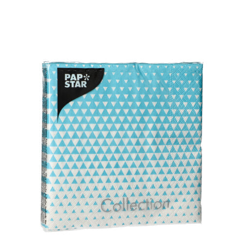A pack of 20 napkins from PAPSTAR GmbH, 25 cm x 25 cm, three-ply, 1/4 fold, with a blue-white geometric triangle pattern, depicted on a white background.