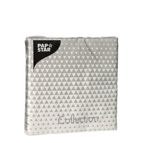 A sealed pack of 20 PAPSTAR napkins, 25 x 25 cm, 3-ply, 1/4-fold from PAPSTAR GmbH, shows a gray-white triangle design – ideal for stylish table decoration – on a plain white background.