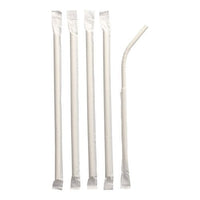 The image shows five individually packaged PAPSTAR Paper drinking straws, 6 mm x 20 cm, white; four straight ones and one flexibly curved one. All are standing upright against a white background. The package contains 100 pieces of PAPSTAR GmbH.