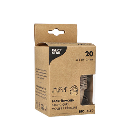 I PAPSTAR 20 stampi per muffin (5 cm Ø, 4 cm di altezza) sono realizzati in fibra fresca e gusci di cacao. Confezionati in una scatola pieghevole con finestra e materiale informativo multilingue. Marca: PAPSTAR GmbH.