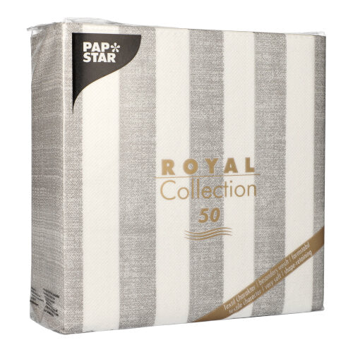 Die PAPSTAR GmbH bietet einen 50er-Pack "ROYAL Collection" Servietten (1/4-Falz, 40x40 cm) in Grau an. Die Verpackung zeigt einen eleganten goldenen Text auf einem grauen und weißen vertikalen Streifendesign.