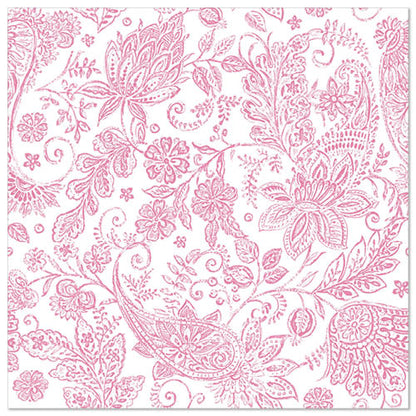 Die ROYAL Collection 50 Servietten (40 x 40 cm, fuchsia) der PAPSTAR GmbH zeigen ein rosafarbenes Blumen- und Paisleymuster mit fuchsiafarbenen Akzenten auf weißem Untergrund - eine elegante und detailreiche Wahl für jeden gedeckten Tisch.