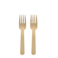 Deux PAPSTAR Des fourchettes en bambou « pure », de 14 cm, sont disposées côte à côte sur un fond blanc sobre.
