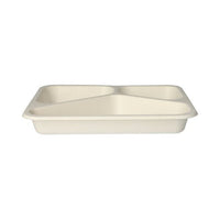 The PAPSTAR 125 sealing trays from PAPSTAR GmbH offers beige, rectangular, three-compartment sugarcane serving bowls with separate compartments; they are biodegradable and pictured here on a white background.