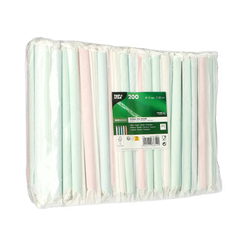 Eine durchsichtige Plastikverpackung enthält 200 PAPSTAR Bubble Tea Halme Papier (Ø12mm, 20cm), sortiert in Pastellfarben. Das Etikett auf der Vorderseite zeigt Produktinfos und Recyclingsymbole, was diese Papierhalme der PAPSTAR GmbH zu einer nachhaltigen Wahl macht.