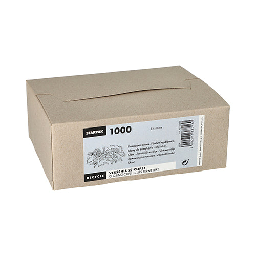 On a white background, there is a closed Starpak folding box with the inscription “Starpak 1000 closure clips, wire-reinforced paper 3.3x0.8x0.1 cm red/white (1000 pieces)” with recycling information and multilingual details depicted.