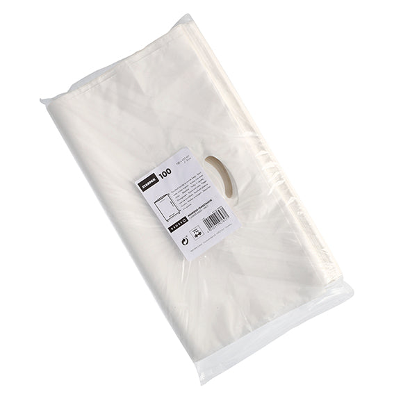 Eine transparente Kunststoffverpackung enthält 100 weiße Starpak Griffloch-Tragetaschen aus HDPE. Die robusten Taschen, der Griffausschnitt und das Produktetikett mit Barcode sind durch die Verpackung sichtbar. Marke: Starpak.