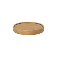 The Starpak 25 lid for soup cups is a round, brown paper lid with a flat top and raised edges—ideal as a secure lid for your Starpak soup cup.