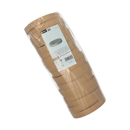Eine transparente Verpackung mit 25 runden, braunen Starpak-Papierdeckeln für Suppenbecher ist dicht gestapelt. Die Verpackung verfügt über ein weißes Etikett – perfekt passend zum Starpak Suppenbecher für bequemes Servieren.