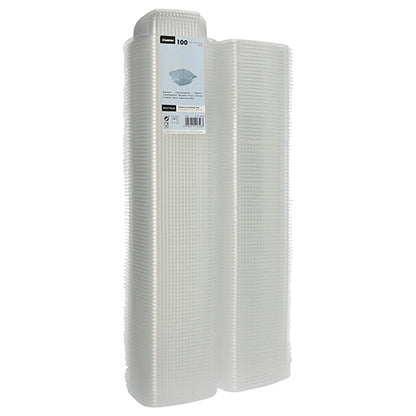 Un paquet de 100 gobelets d'emballage Starpak transparents, rectangulaires en PP avec couvercle à charnière est debout. Une étiquette Starpak sur le dessus montre les détails de ces gobelets polyvalents et leur quantité.