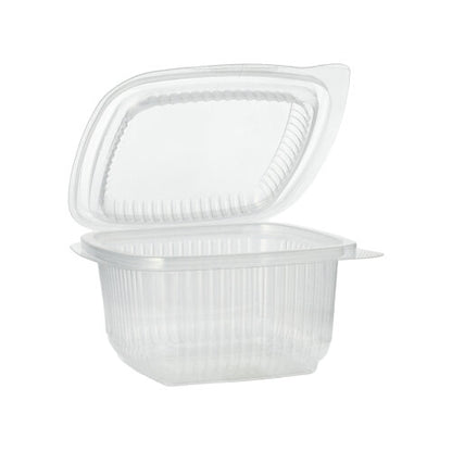 Le gobelet d'emballage Starpak 100 avec couvercles à charnière, PP rectangulaire, transparent est ouvert et vide devant un fond blanc simple.