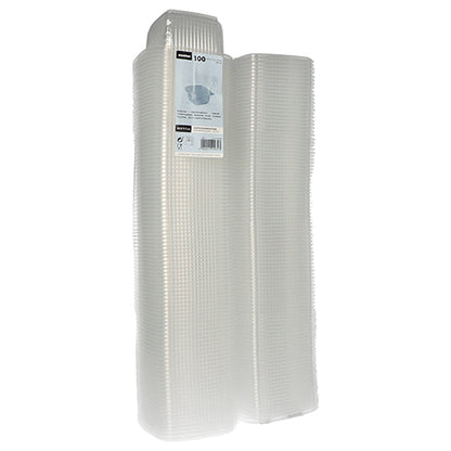 Deux piles de gobelets d'emballage Starpak 100 avec couvercles à charnière, PP rectangulaire, transparent sont représentées côte à côte. Chacun a une structure en forme de grille, et une étiquette de produit est attachée en haut d'une pile. Marque : Starpak.