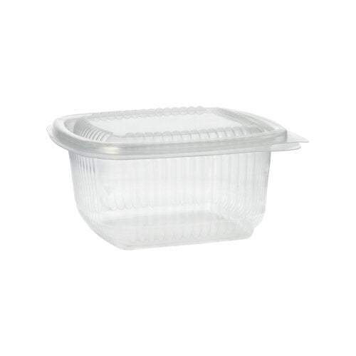 Un gobelet d'emballage Starpak 100 transparent, rectangulaire, avec couvercles à charnière (PP) est fermé et vide devant un fond blanc simple.