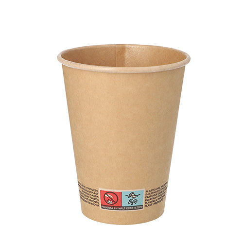 On a white background stands upright a simple brown PAPSTAR 50 paper cups (0.3 l) from PAPSTAR GmbH, with a warning notice and recycling symbols at the bottom edge.