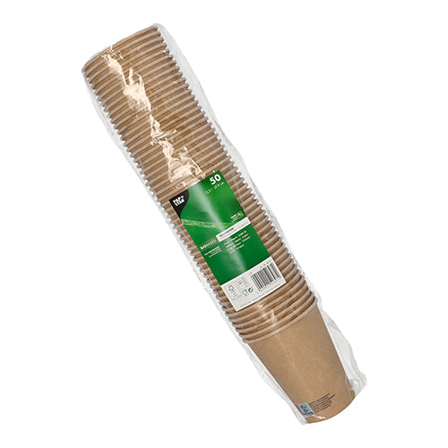 A pack of 50 paper cups (0.3 l) from PAPSTAR GmbH made of sturdy cardboard, wrapped in clear foil and equipped with a green front label with product information.