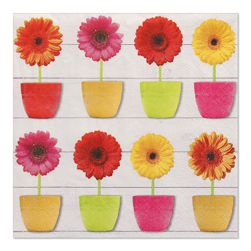 Acht bunte Blumen in passenden Töpfen schmücken diese PAPSTAR 20 Servietten (33 cm x 33 cm, 3-lagig, 1/4-Falz, Design Set 4) der PAPSTAR GmbH - perfekt, um Ihren Tisch mit hochwertigen Servietten zu verschönern.
