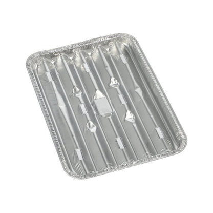 Das Foto zeigt eine rechteckige Einweg-Aluminiumschale (1,4 x 16,3 x 22,7 cm) von Starpak 10 Grillschalen mit erhabenen Rippen und gewelltem Rand aus strapazierfähiger Folie auf weißem Untergrund. Die Packung enthält 10 Stück.