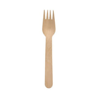 A PAPSTAR GmbH Gabel aus Holz "pure", 16 cm, gewachst, im Set à 100 Stück, umweltfreundlich und perfekt für nachhaltige Einwegnutzung - gezeigt einzeln vor weißem Hintergrund.