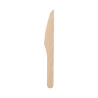 The PAPSTAR The "pure" wooden knife, 16.5 cm, waxed, made of eco-friendly wood, is shown as a practical disposable knife for sustainable use—100 pieces per folding box (Brand: PAPSTAR GmbH).