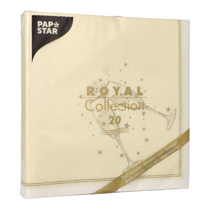 Eine Packung PAPSTAR 20 Servietten "ROYAL Collection" 1/4-Falz (40x40 cm) der PAPSTAR GmbH, cremefarben mit goldenem Champagnerglas- und Sternendesign, zeichnet sich durch eine meist transparente Verpackung mit FSC-zertifizierter Kennzeichnung aus.