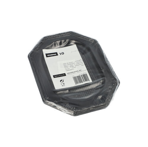 Ein Stapel Starpak 10 Servierplatten, PET schwarz – schwarze achteckige Schalen aus strapazierfähigem PET, eingewickelt in durchsichtigen Kunststoff mit einem weißen Etikett mit Produktdetails und Barcode – perfekt für Catering-Events.