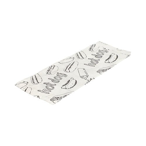 Nell'immagine è raffigurato un involucro di carta per hot dog bianco e piatto PAPSTAR (21x8,5 cm) con disegno a linee nere di hot dog e testo "Hot Dog" dalla confezione termoretraibile da 1000 pezzi della PAPSTAR GmbH su sfondo bianco.