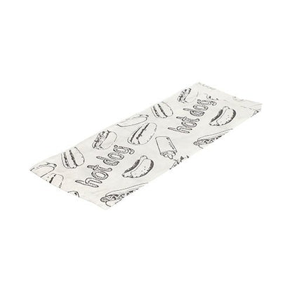 Nell'immagine è raffigurato un involucro di carta per hot dog bianco e piatto PAPSTAR (21x8,5 cm) con disegno a linee nere di hot dog e testo "Hot Dog" dalla confezione termoretraibile da 1000 pezzi della PAPSTAR GmbH su sfondo bianco.