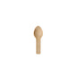 A single PAPSTAR finger food spoon made of wood "pure", 7.6 cm from PAPSTAR GmbH, with a short flat handle and rounded bowl, stands centrally on a plain white surface.