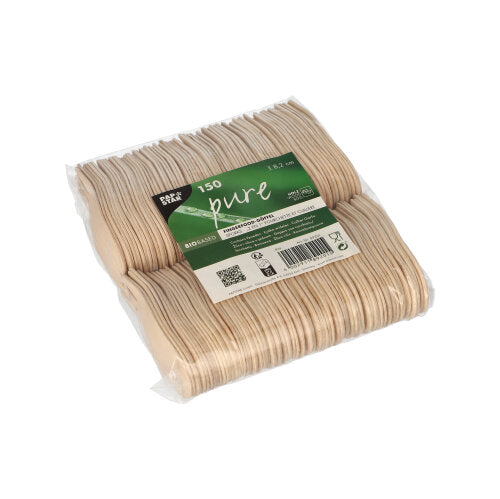 A clear plastic packaging contains 150 PAPSTAR wooden sporks "pure", 8.2 cm, ideal for finger food. The green-white label shows the logo of PAPSTAR GmbH and the product details, inside the eco-friendly wooden utensils are neatly stacked.