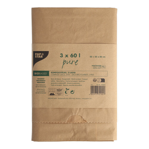 L'image montre un pack de 3 PAPSTAR sacs à compost en papier "pure", 60 l, à 2 couches, marron avec bandeau et informations produit/imprimés recyclage de la société PAPSTAR GmbH sur fond blanc. Chaque sac en papier peut contenir jusqu'à 60 litres de déchets organiques.