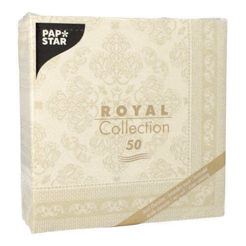 Eine Packung mit 50 PAPSTAR GmbH Servietten "ROYAL Collection" 1/4-Falz, 40 x 40 cm in Champagner, mit einem eleganten Muster und goldenen Akzenten auf der Verpackung.